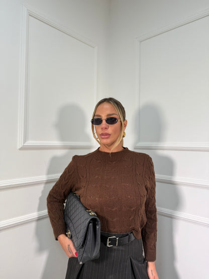 Pullover mezzo collo con trecce cioccolato 022459