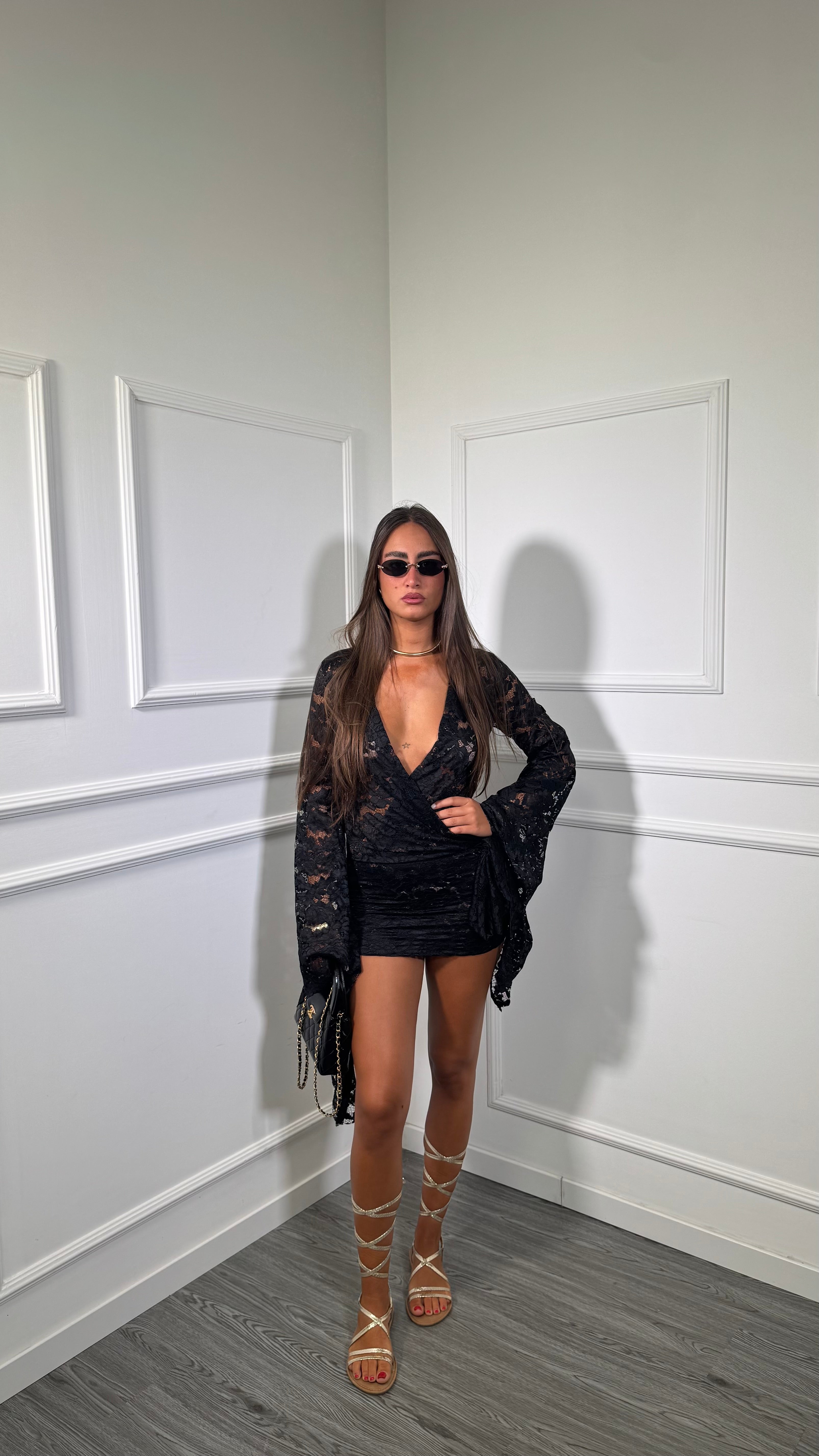 Abito corto in pizzo Margot nero 66966