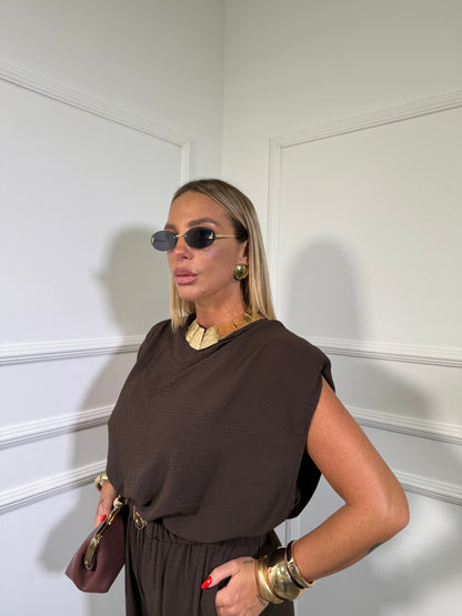 Jumpsuit in viscosa con cintura (CURVY) cioccolato in125431