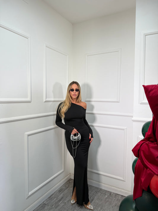 Abito midi asimmetrico in lycra Kim nero