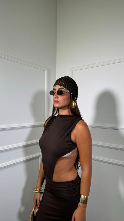 Abito lungo in lycra cut out Malesia cioccolato 2529