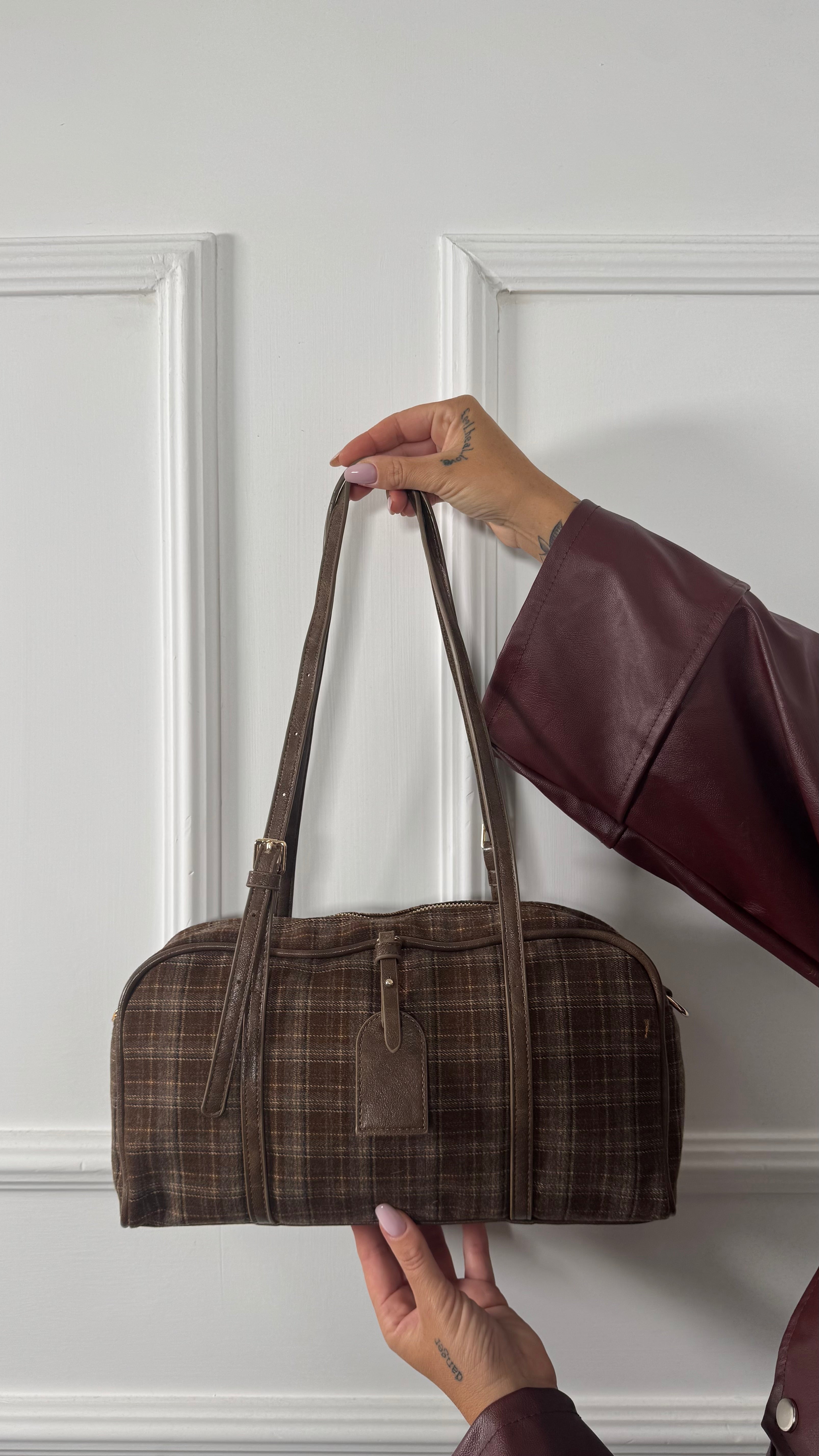 Borsa in panno a quadri taupe