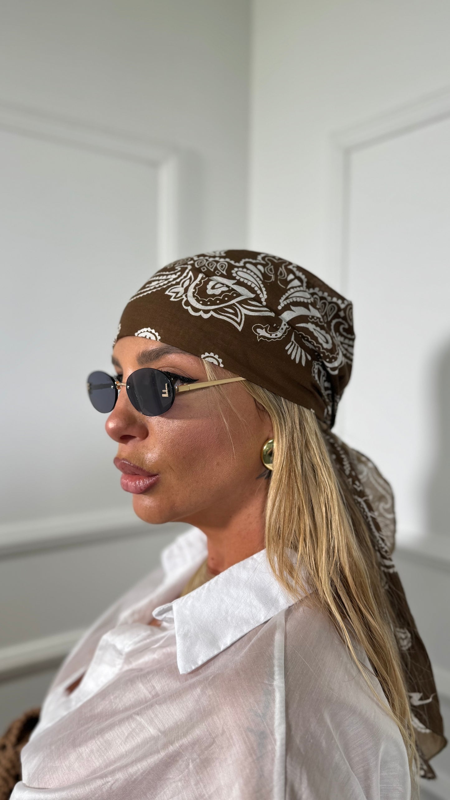 Pareo lungo + bandana in cotone fantasia bandana Ksamil marrone f1801