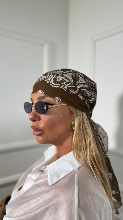 Pareo lungo + bandana in cotone fantasia bandana Ksamil marrone f1801