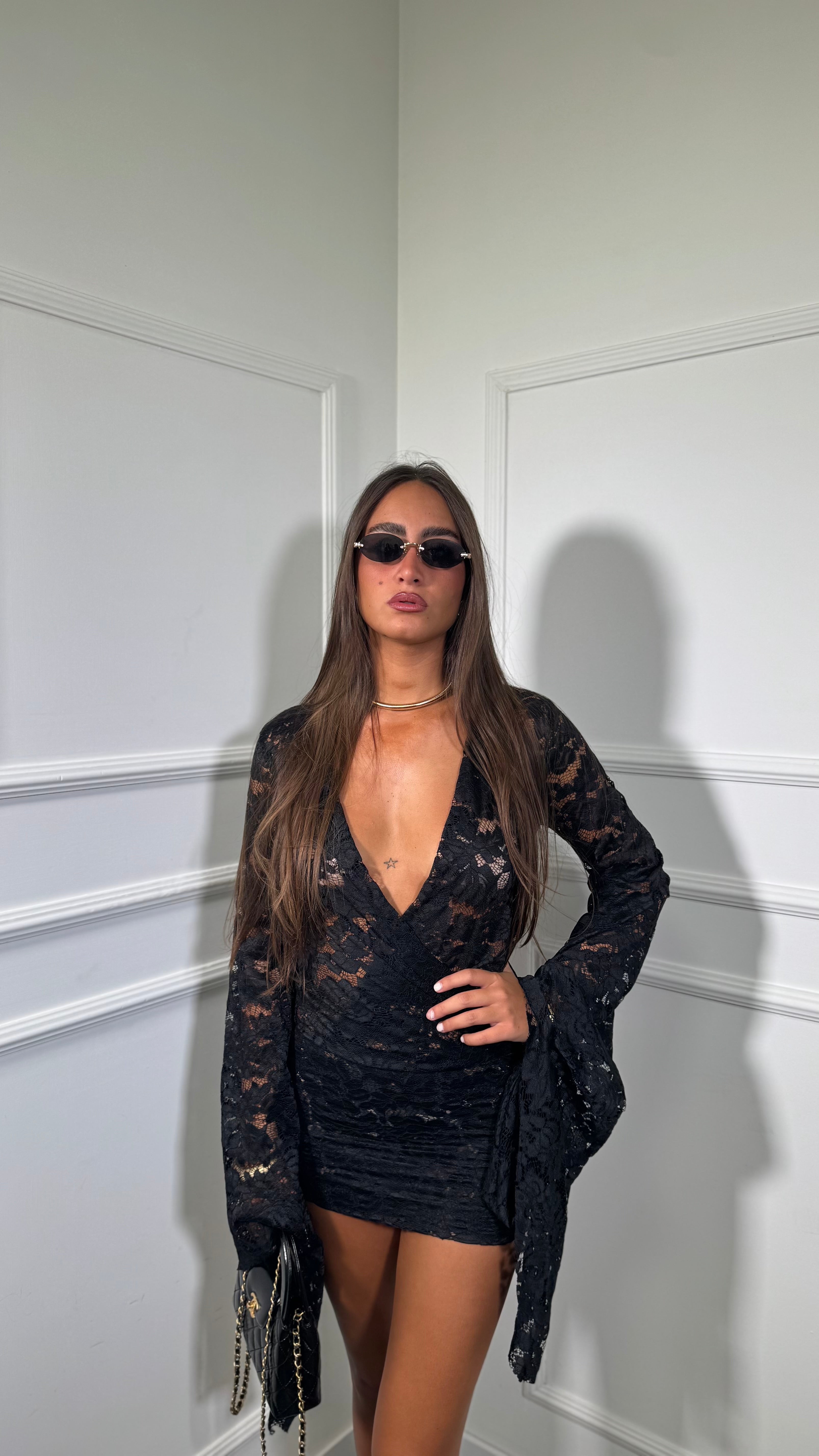 Abito corto in pizzo Margot nero 66966