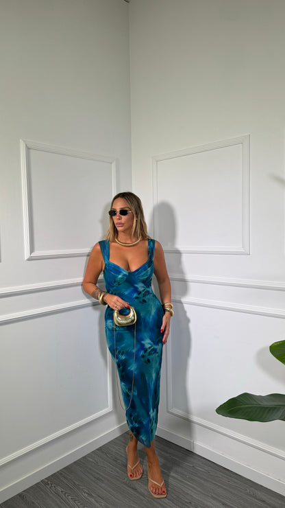 Abito midi a tubino in chiffon tie-dye Saranda petrolio 40552