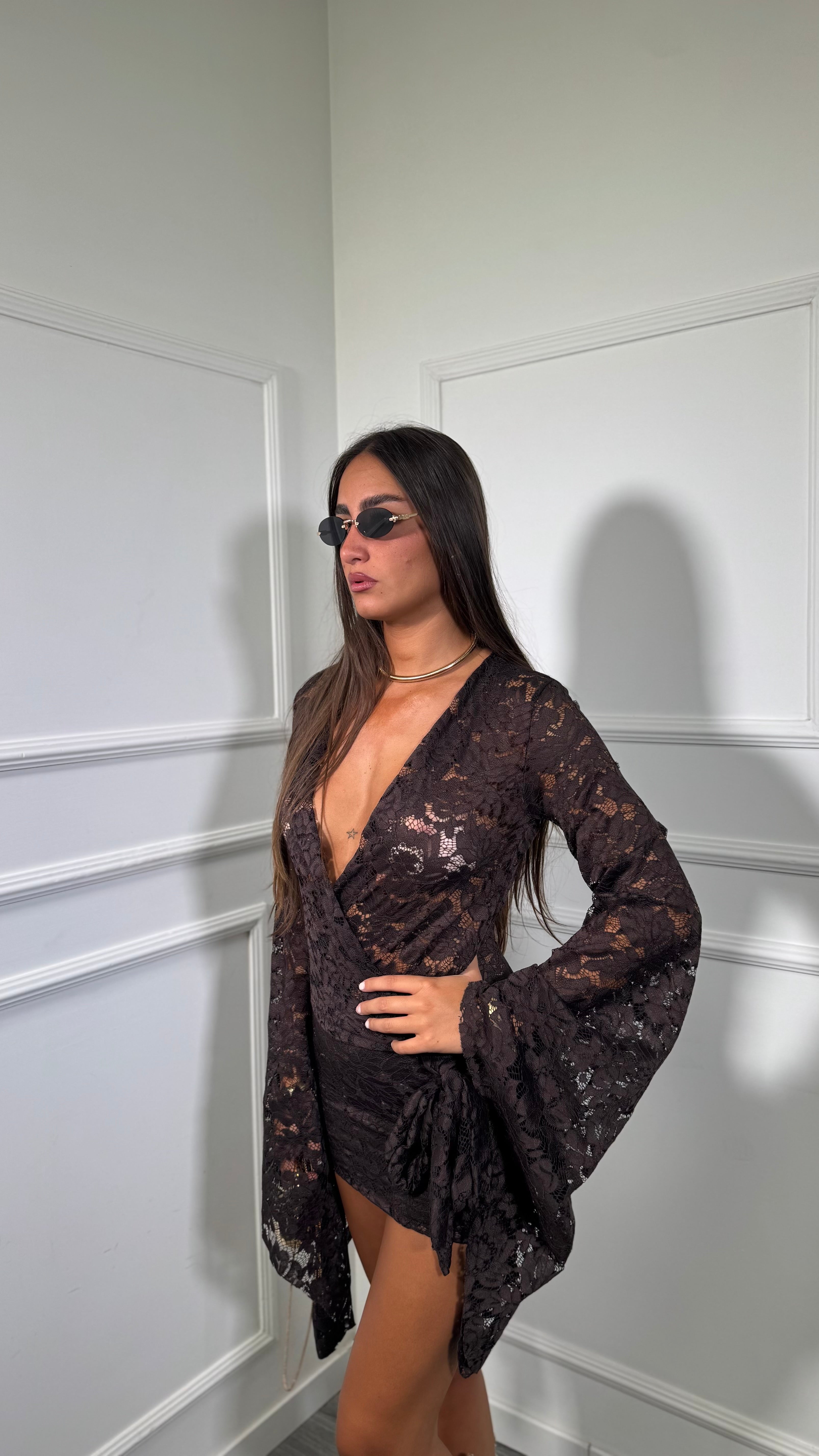 Abito corto in pizzo Margot cioccolato 66966
