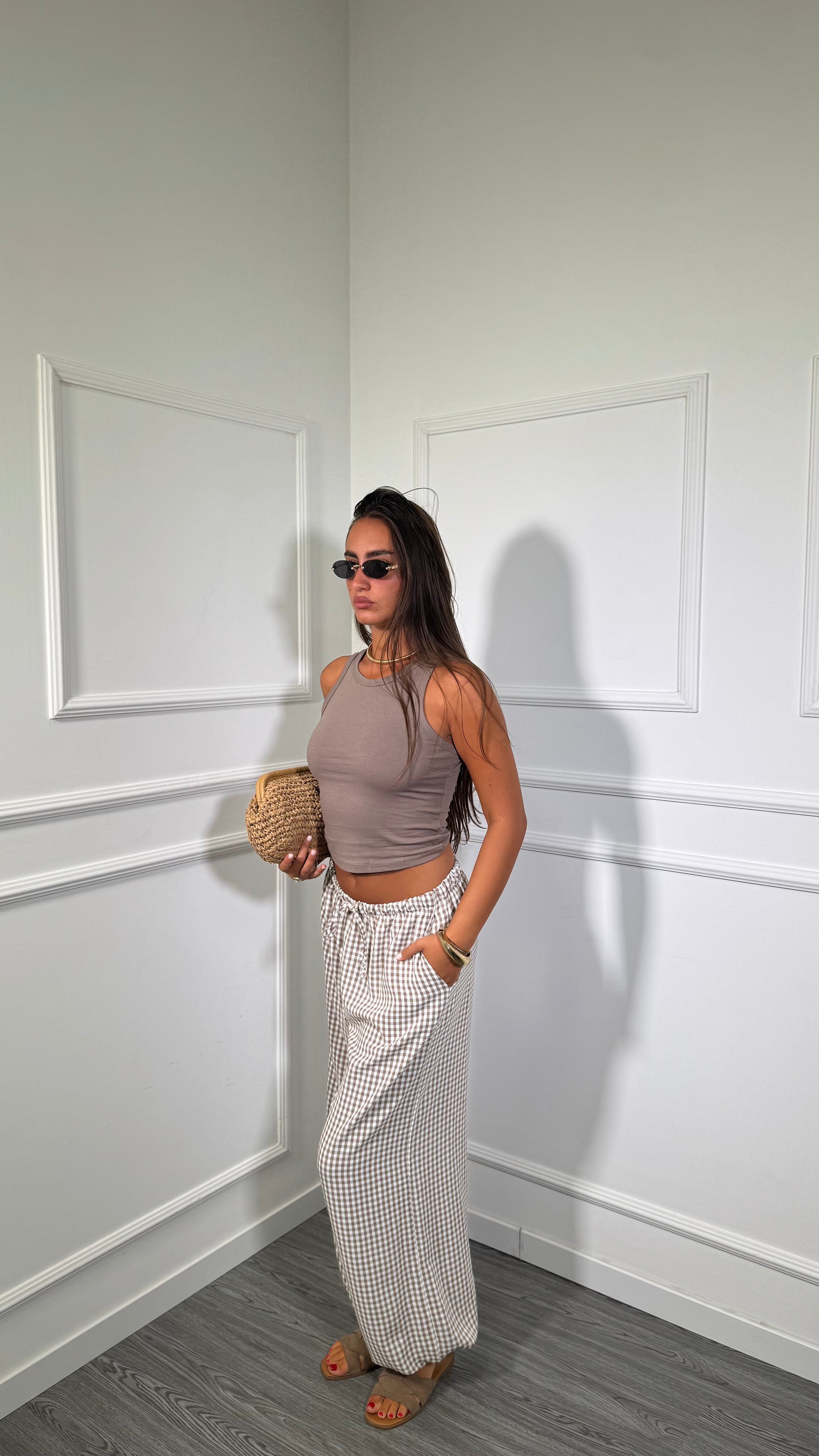 Pantaloni balloon a quadretti Yara Taupe