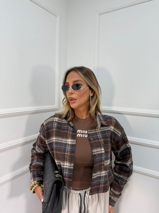 Camicia crop in flanella con spalline Hope cioccolato/grigia 25735