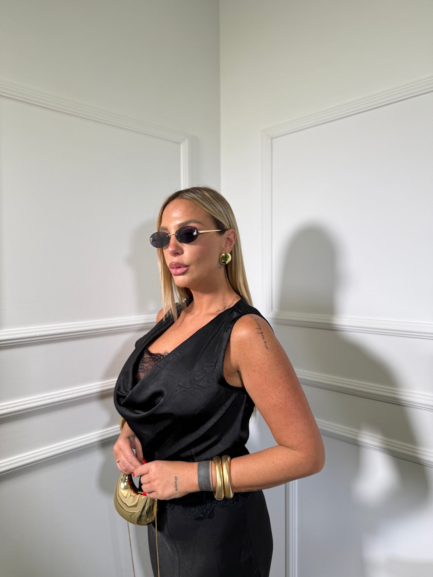 Coordinato in satin con pizzo Miley nero p1326