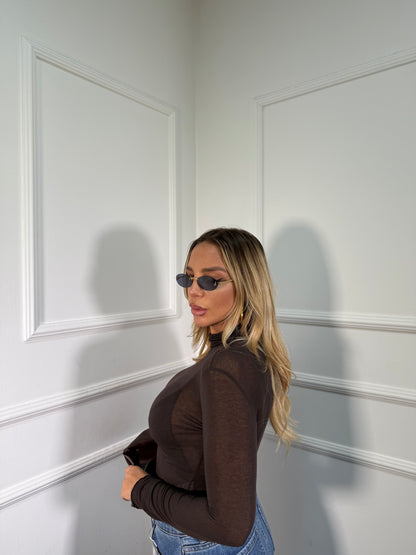 Shirt semi velata collo alto Jolly cioccolato misto cashmere 28029