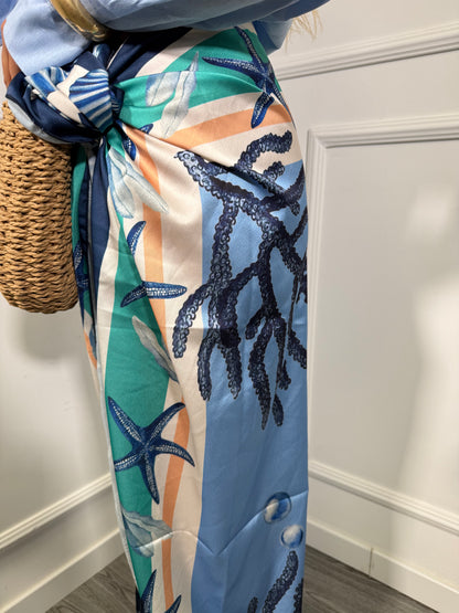 Gonna pareo in satin con coralli azzurra c805-39