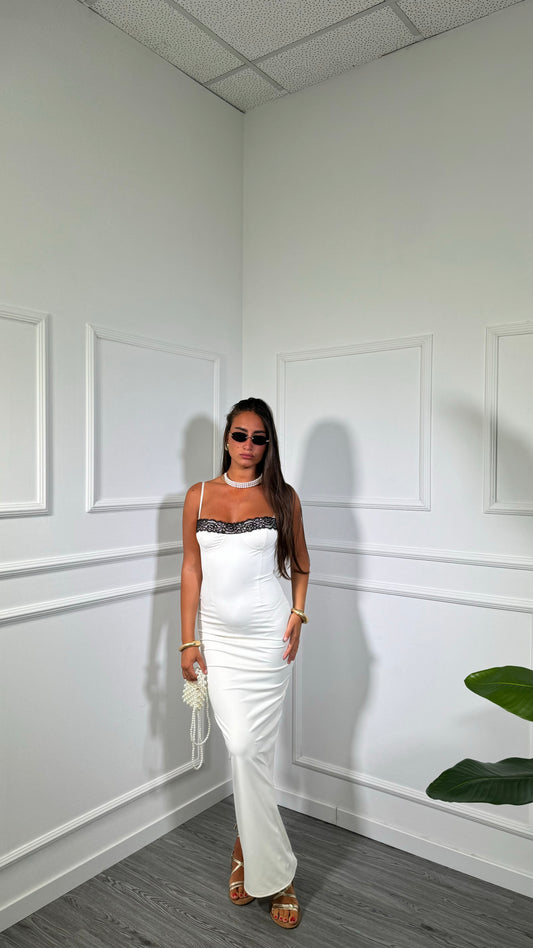 Abito lungo in lycra con pizzo Kendra panna