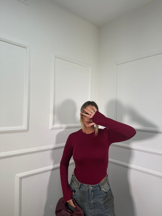 Body in cotone manica a guanto bordeaux