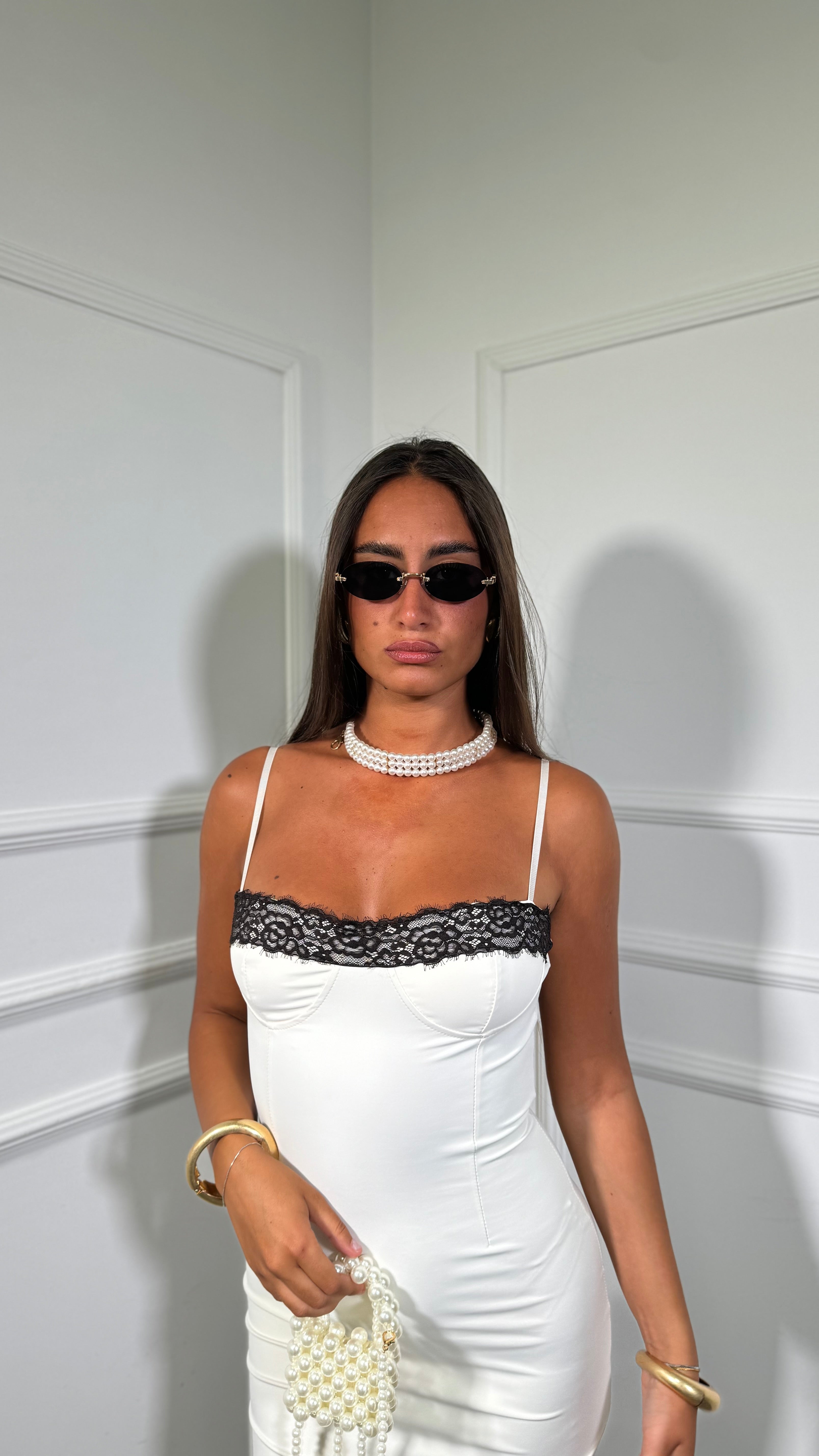 Abito lungo in lycra con pizzo Kendra panna