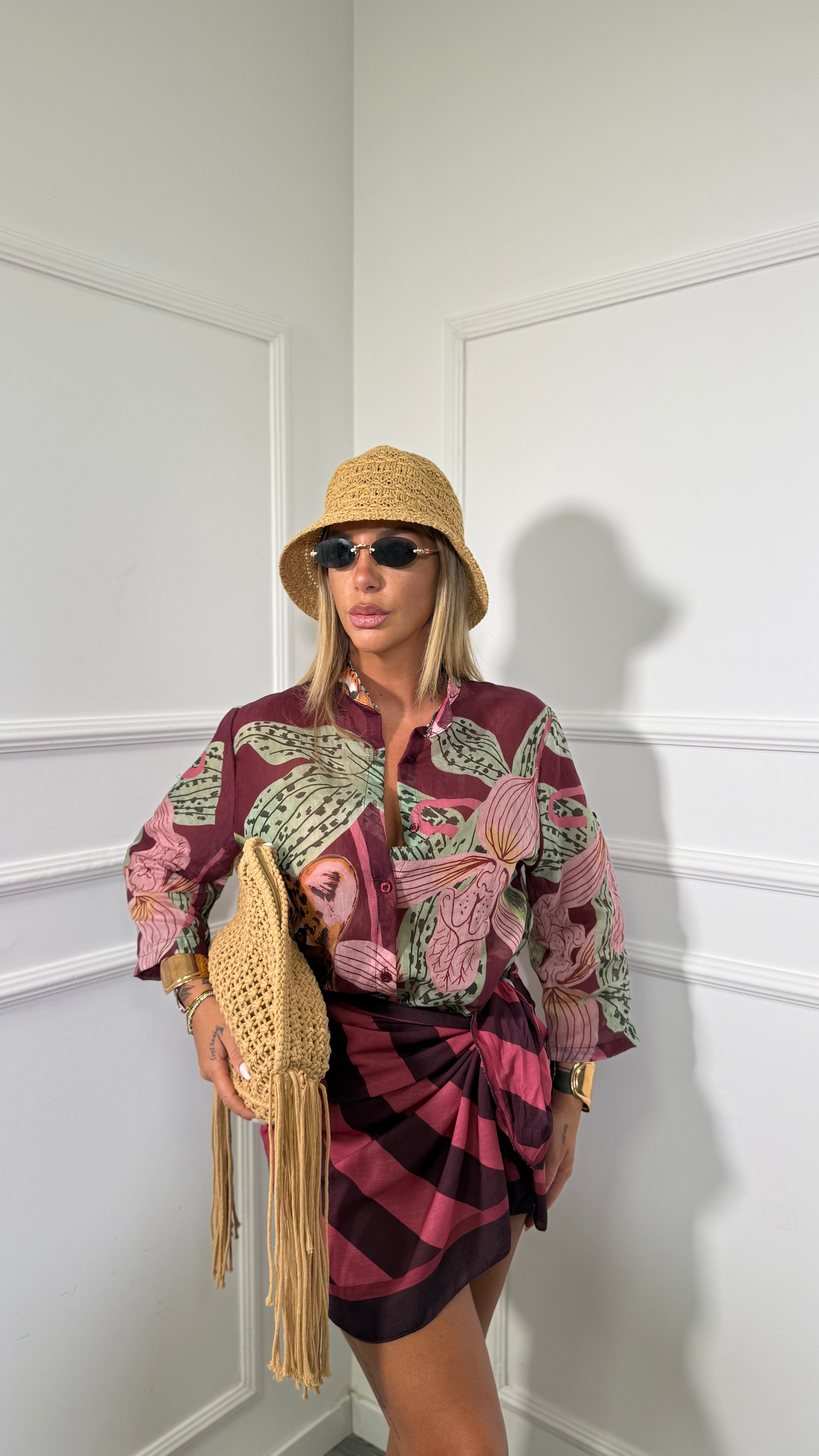 Coordinato camicia + gonna pareo Kenya fondo borgogna