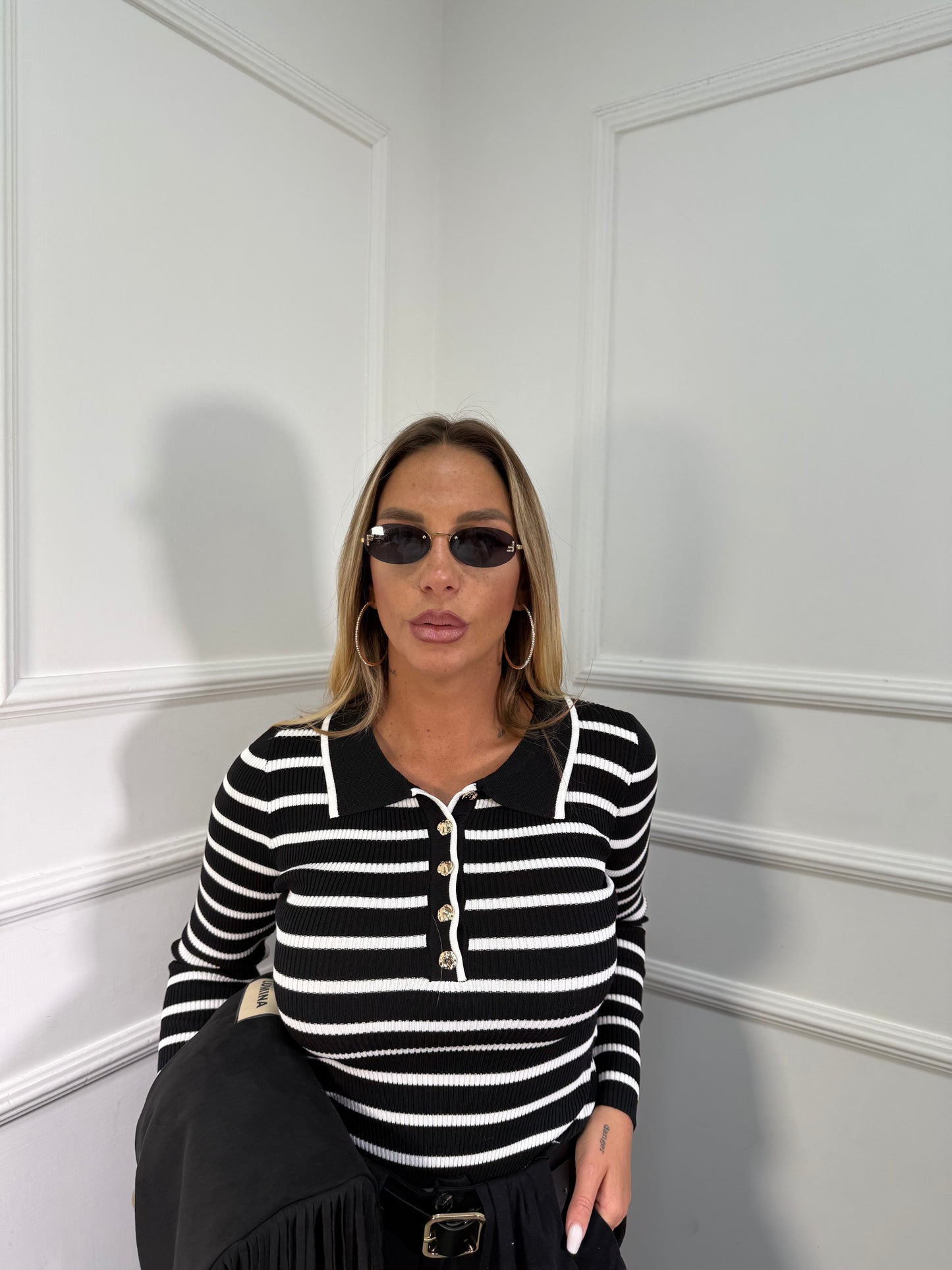 Body polo con bottoncini nero/bianco 9722