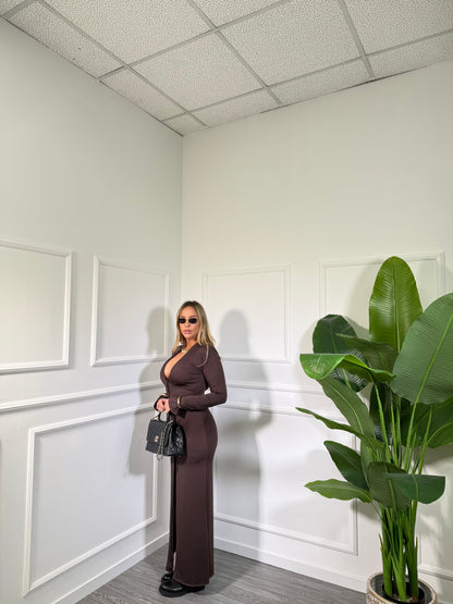 Chemisier midi scollo a V in lycra Amelia cioccolato 2288