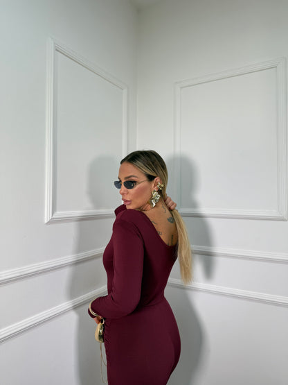 Jumpsuit con drappeggio e spilla Diptyque bordeaux 6650