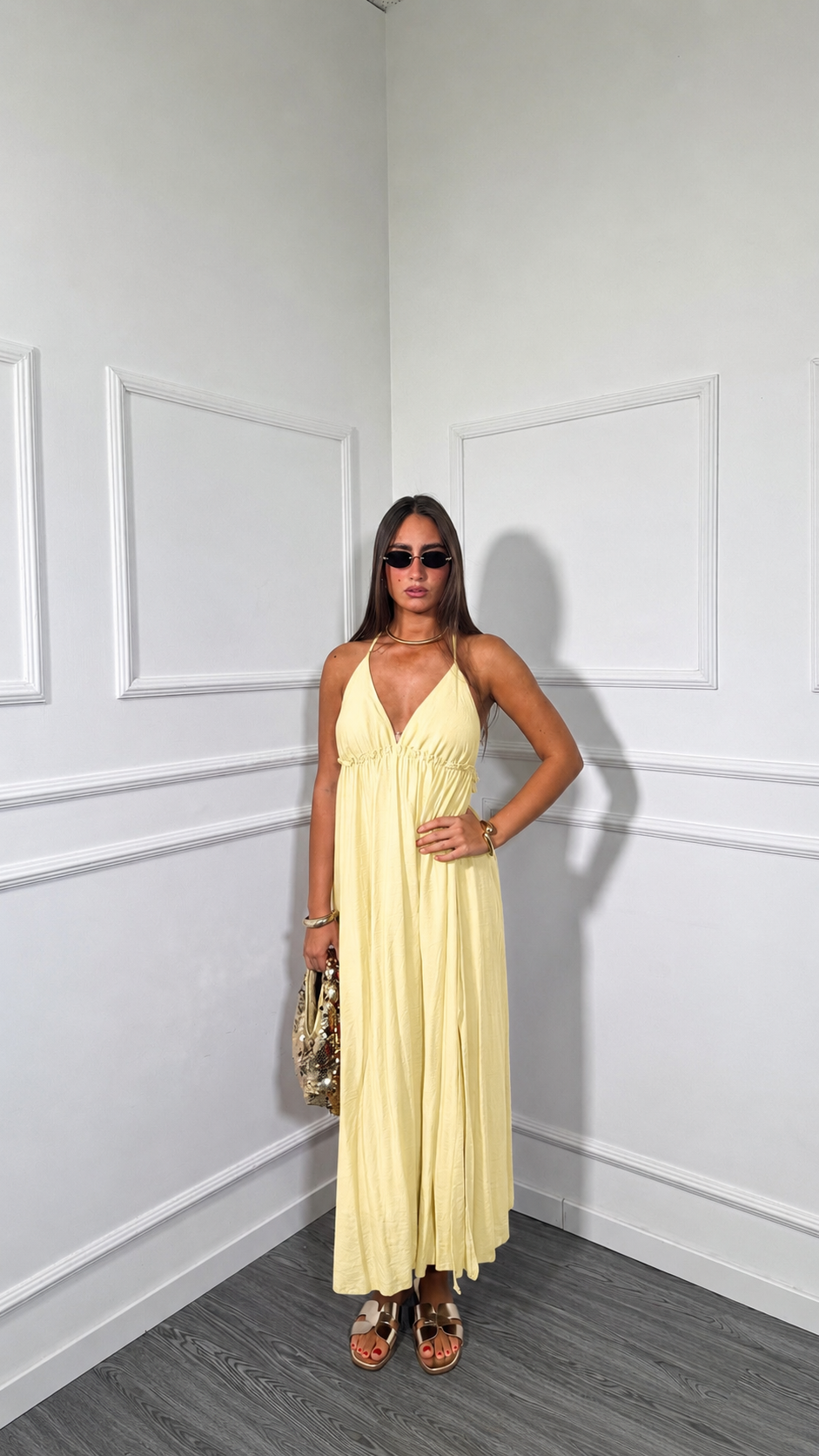 Abito lungo misto lino scollato sul retro Scraio giallo pastello  66609