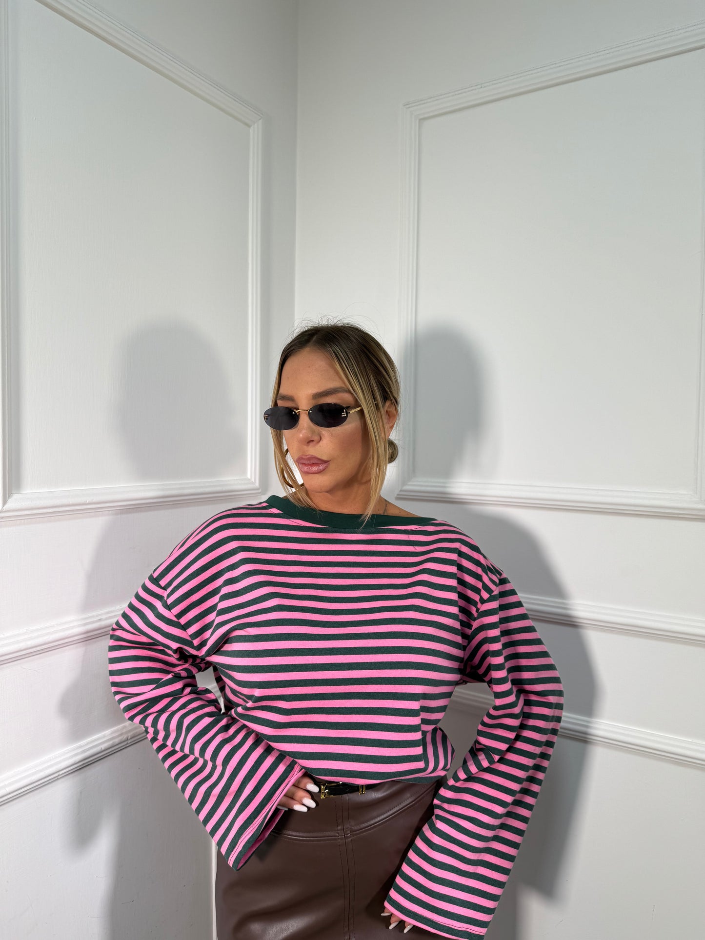 Shirt in cotone garzato manica campana Cindy verde/rosa f1109