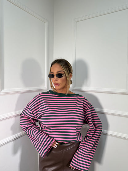 Shirt in cotone garzato manica campana Cindy verde/rosa f1109