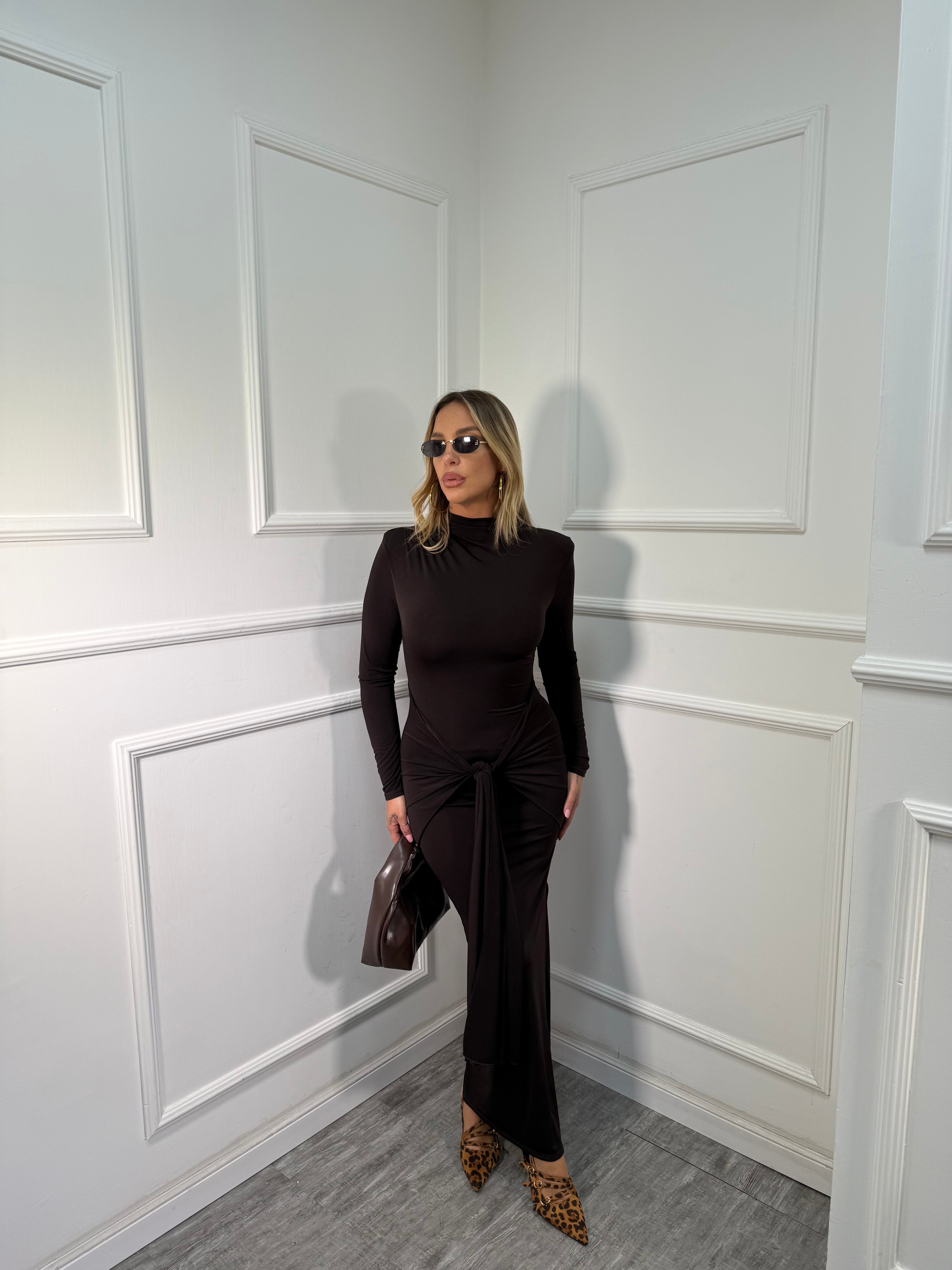 Abito midi in lycra con nodo cacao 13413