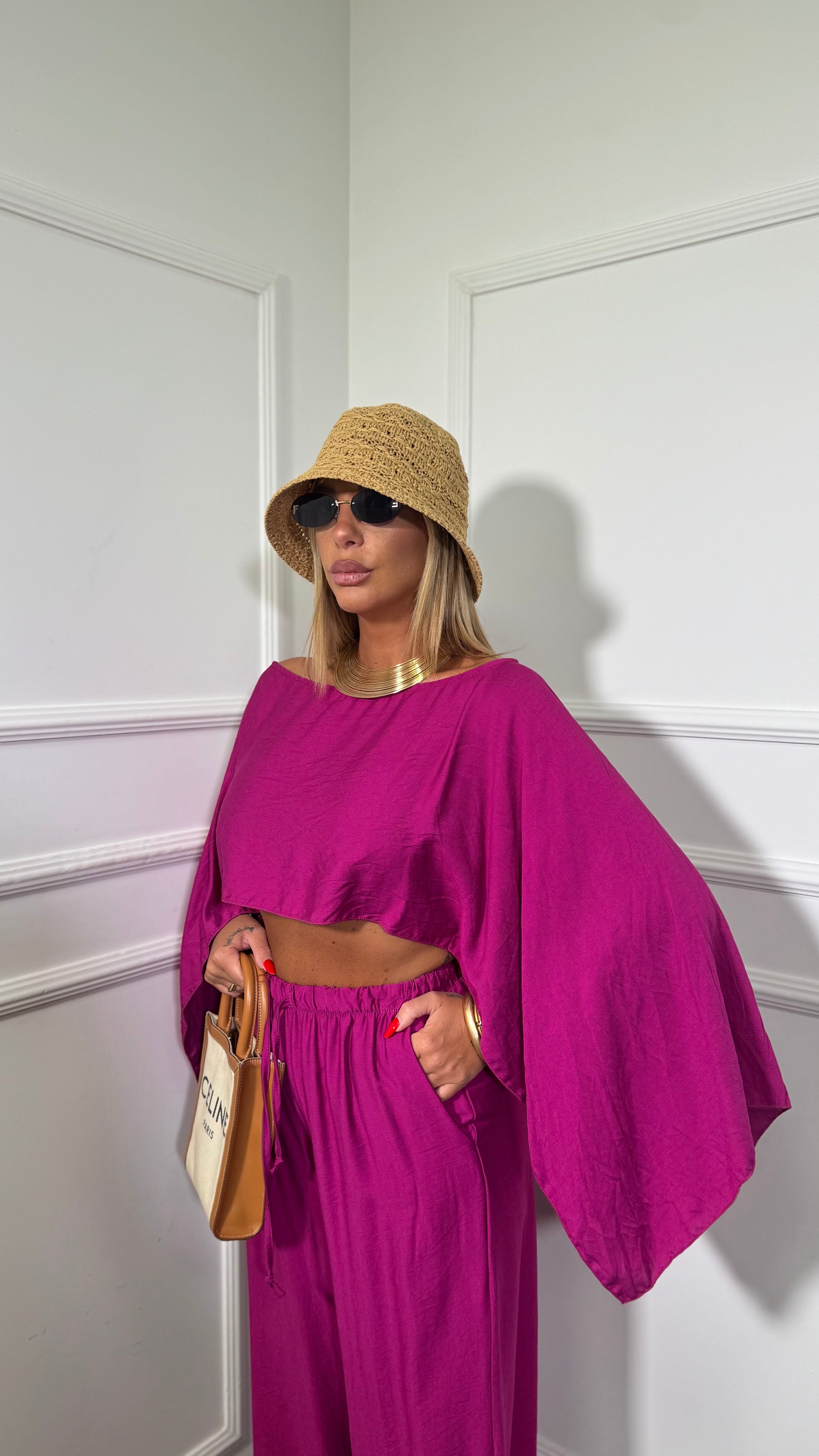 Coordinato in viscosa con top asimmetrico Clodia magenta 7060