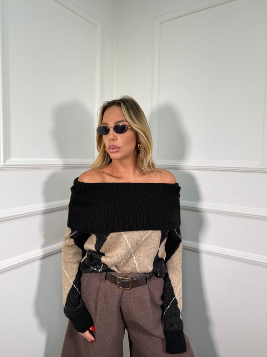 Pullover scollo a barca lana cotta con rombi Jilly nero 33920