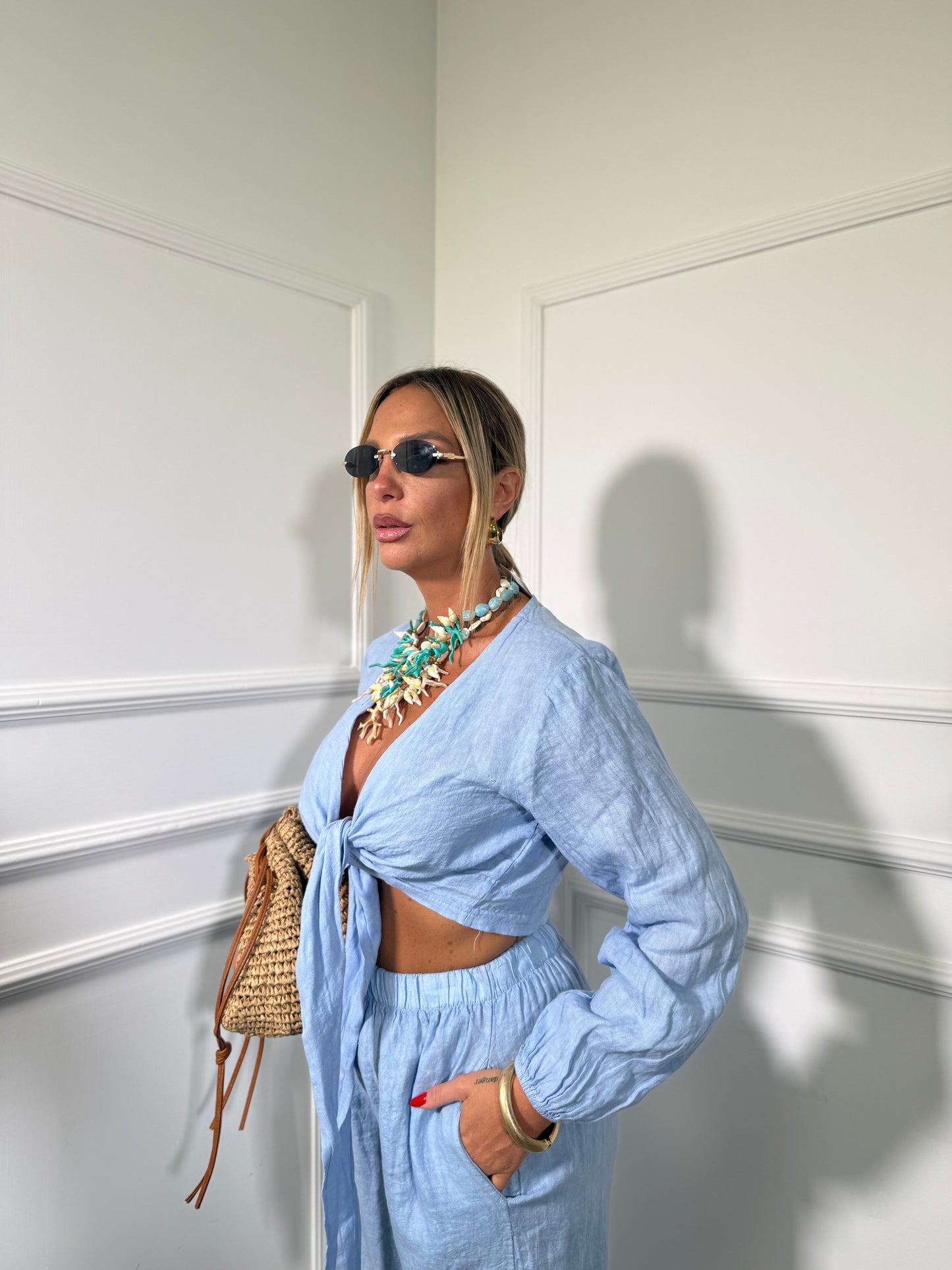 Coordinato 100% lino Cumeya azzurro hp8767-1