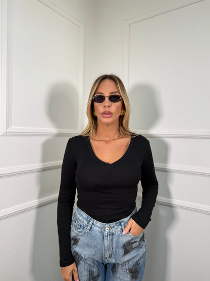 Shirt in cotone scollo a V nera 5529