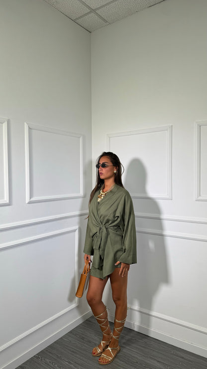 Abito corto misto lino a portafoglio Kalipso verde militare