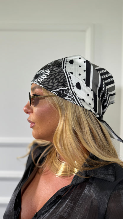 Pareo + bandana in satin floreale Magaluf nero 37271