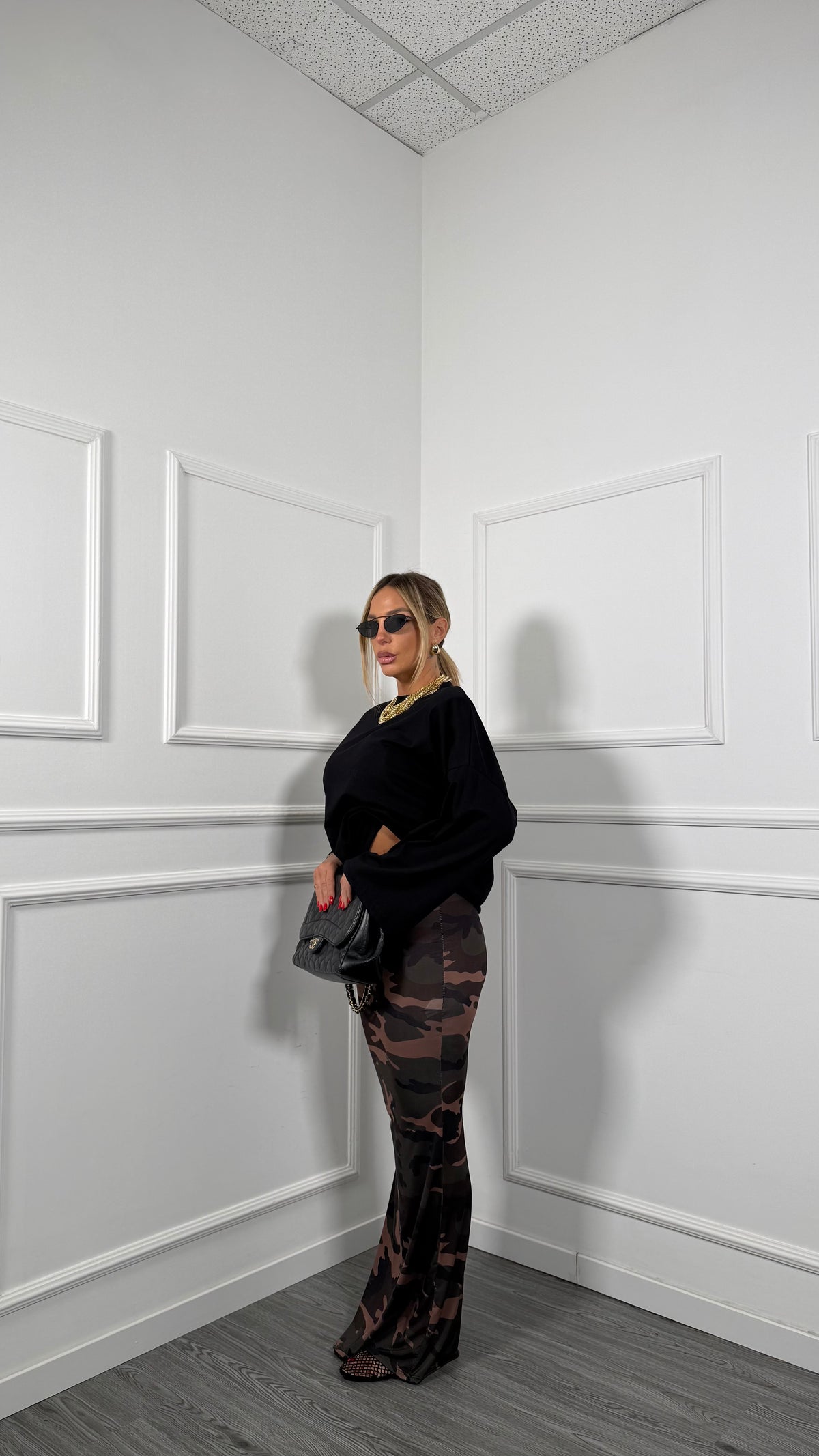 Gonna midi militare in lycra Megan