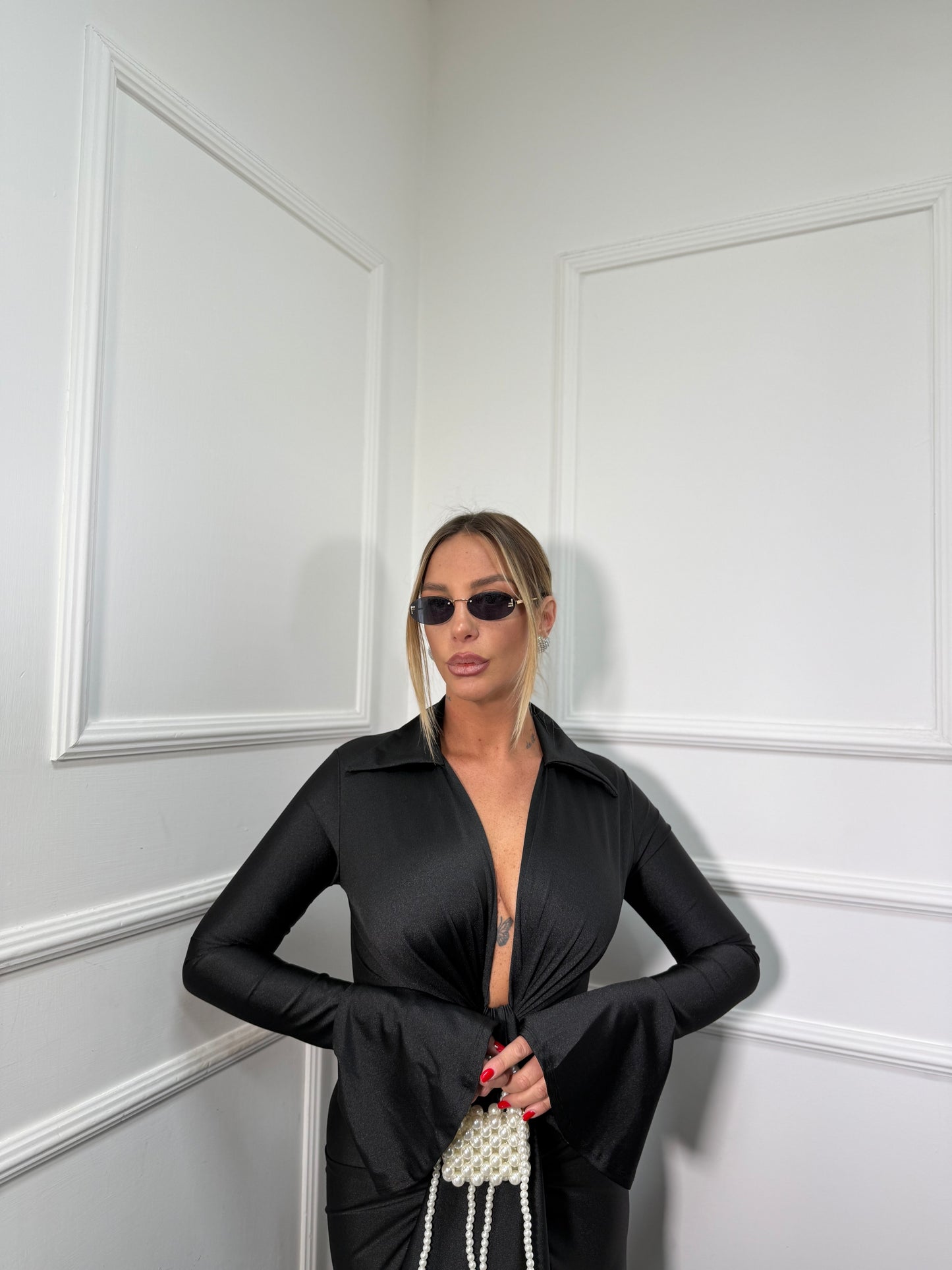 Abito lungo collo camicia in lycra Ivy nero