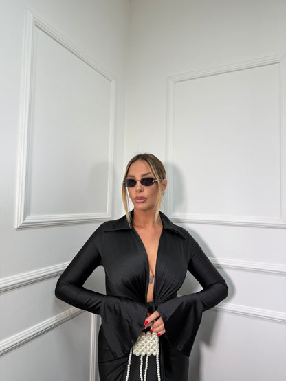 Abito lungo collo camicia in lycra Ivy nero
