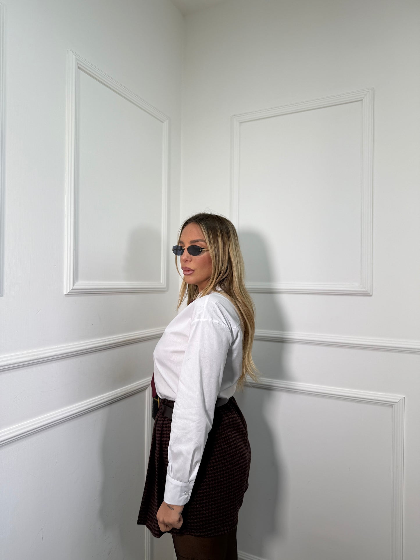 Pantagonna in tweed a pieghe con cintura bordeaux 25719