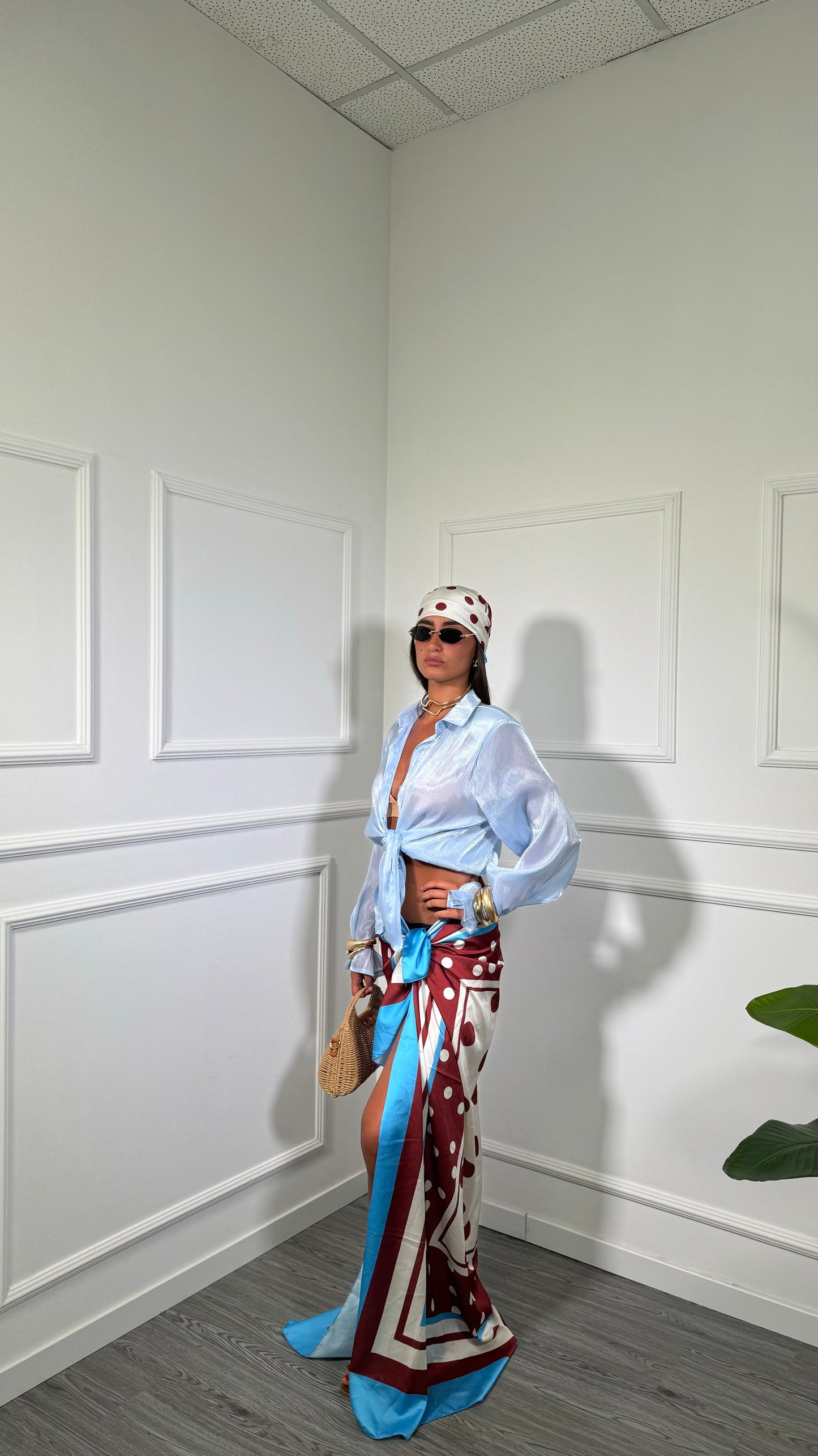 Pareo + bandana in satin a pois Bellaire azzurro/marrone 37271