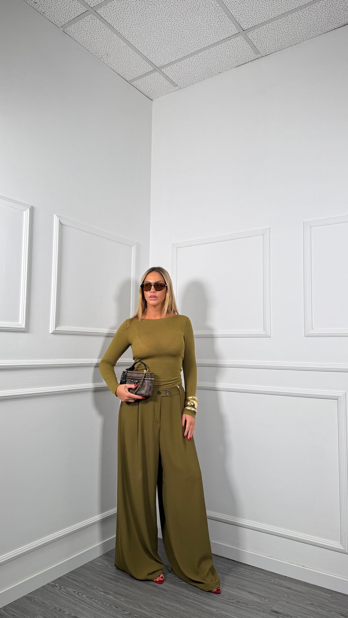 Pantaloni palazzo doppio bottone Curvy Winter verde oliva 250805
