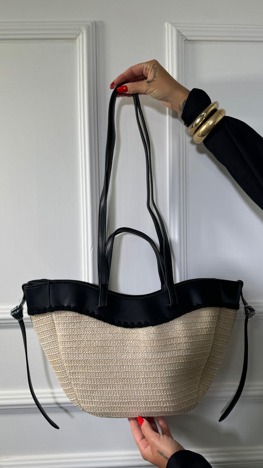 Borsa rigida in ecopelle e paglia nera