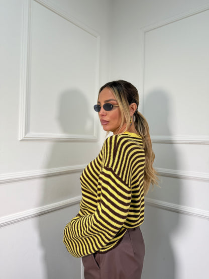 Pullover in maglia a righe manica campana cioccolato/giallo 025835