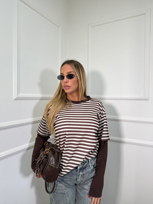 Shirt a righe con doppia manica Camy panna/cacao 3626