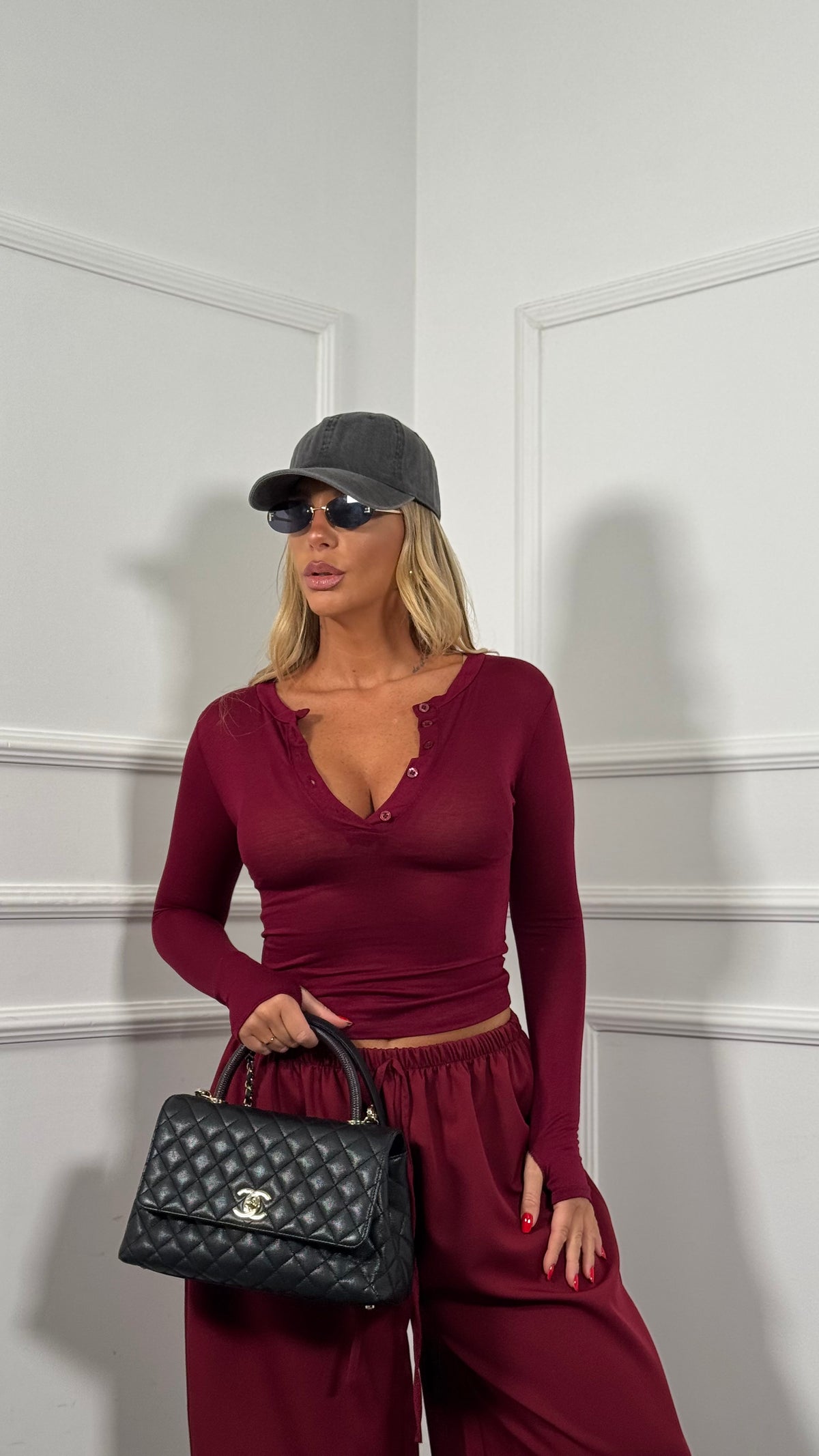 Coordinato Shirt bottoncini + pantaloni palazzo September bordeaux 22829