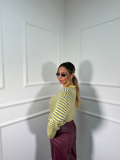 Pullover in maglia a righe manica campana grigio/giallo 025835
