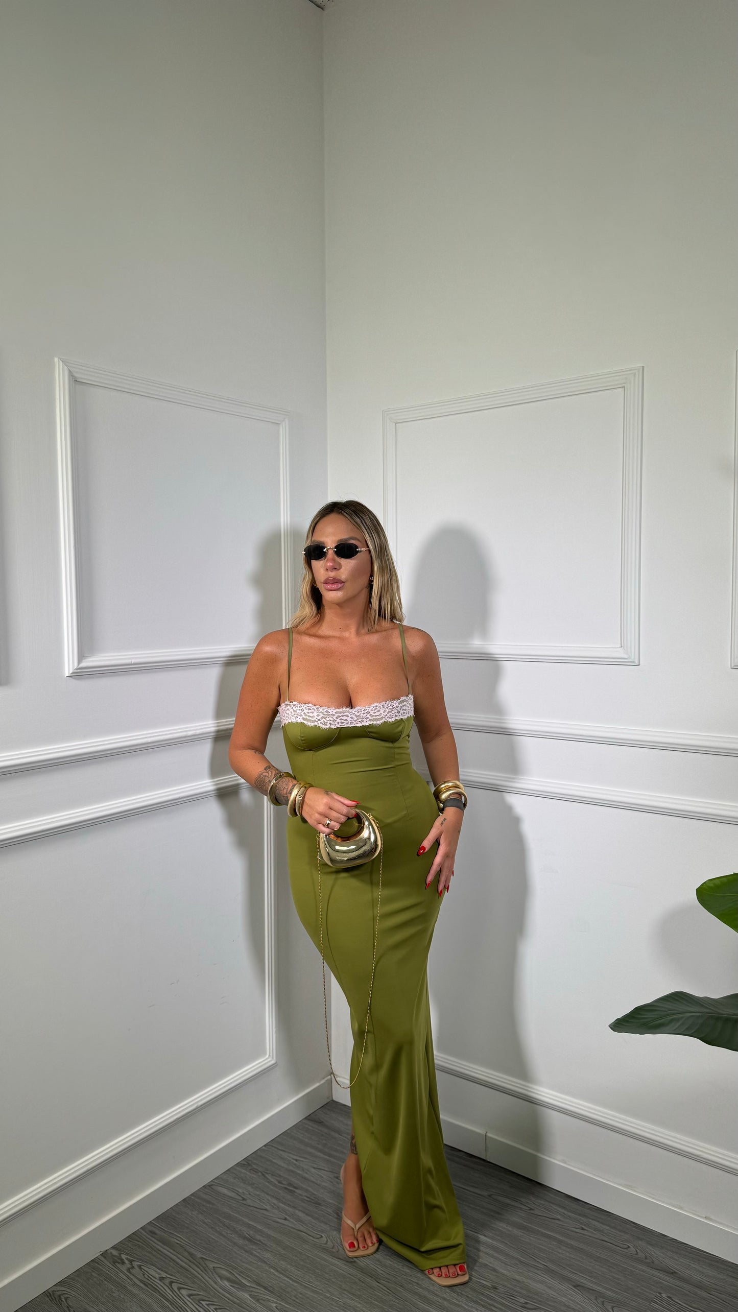 Abito lungo in lycra con pizzo Kendra verde acido