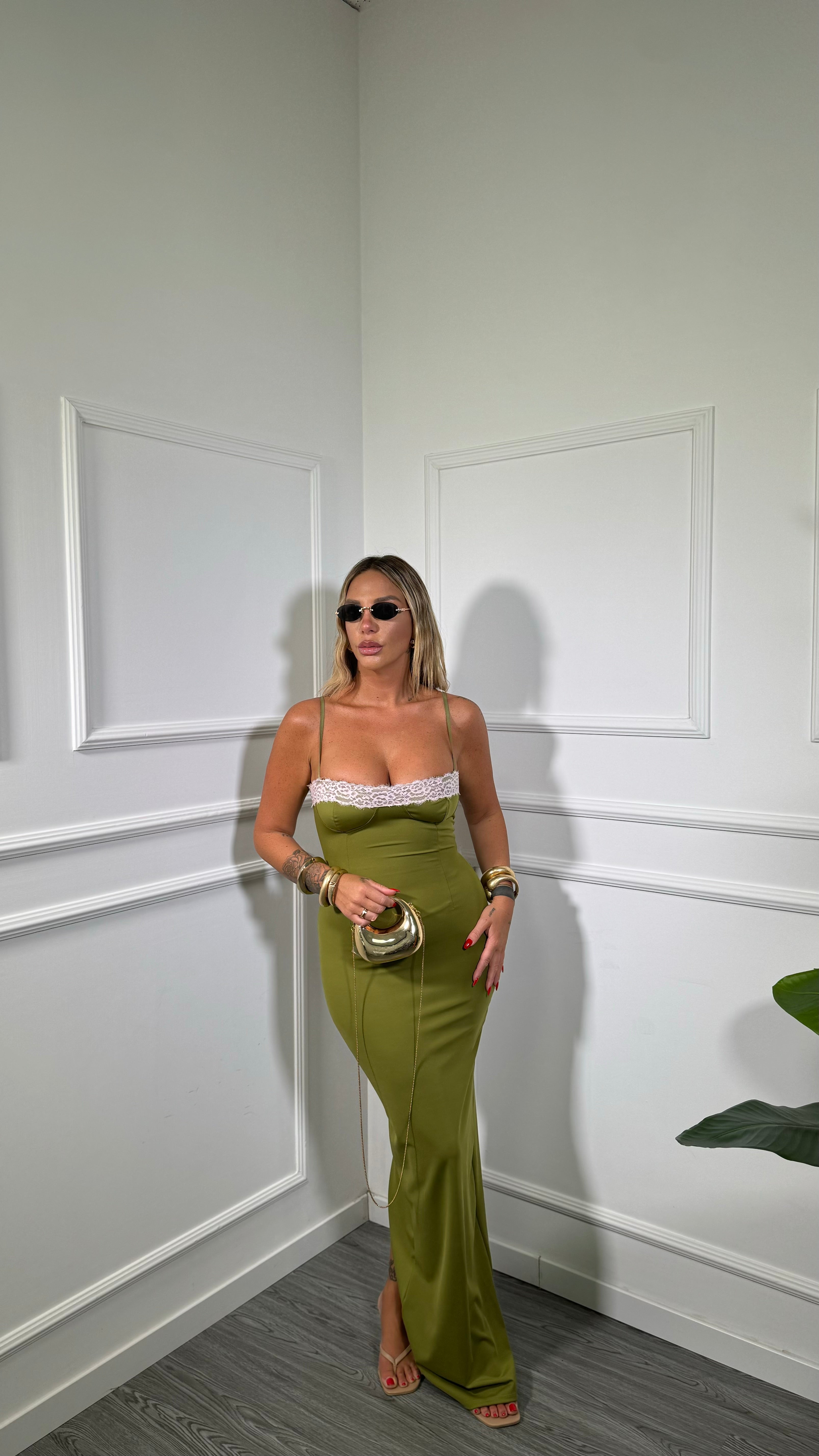 Abito lungo in lycra con pizzo Kendra verde acido