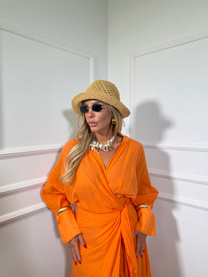 Abito midi portafoglio in cotone semi velato Sunset arancio a10966