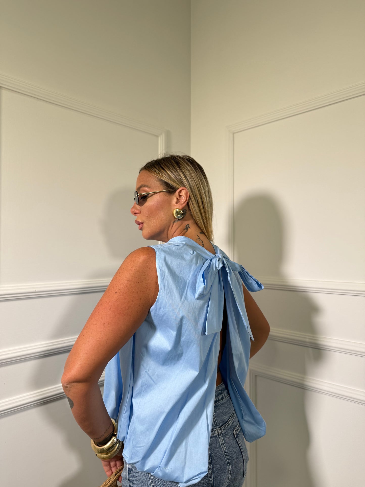 Blusa balloon in cotone con fiocco sul retro Numa azzurra 31078