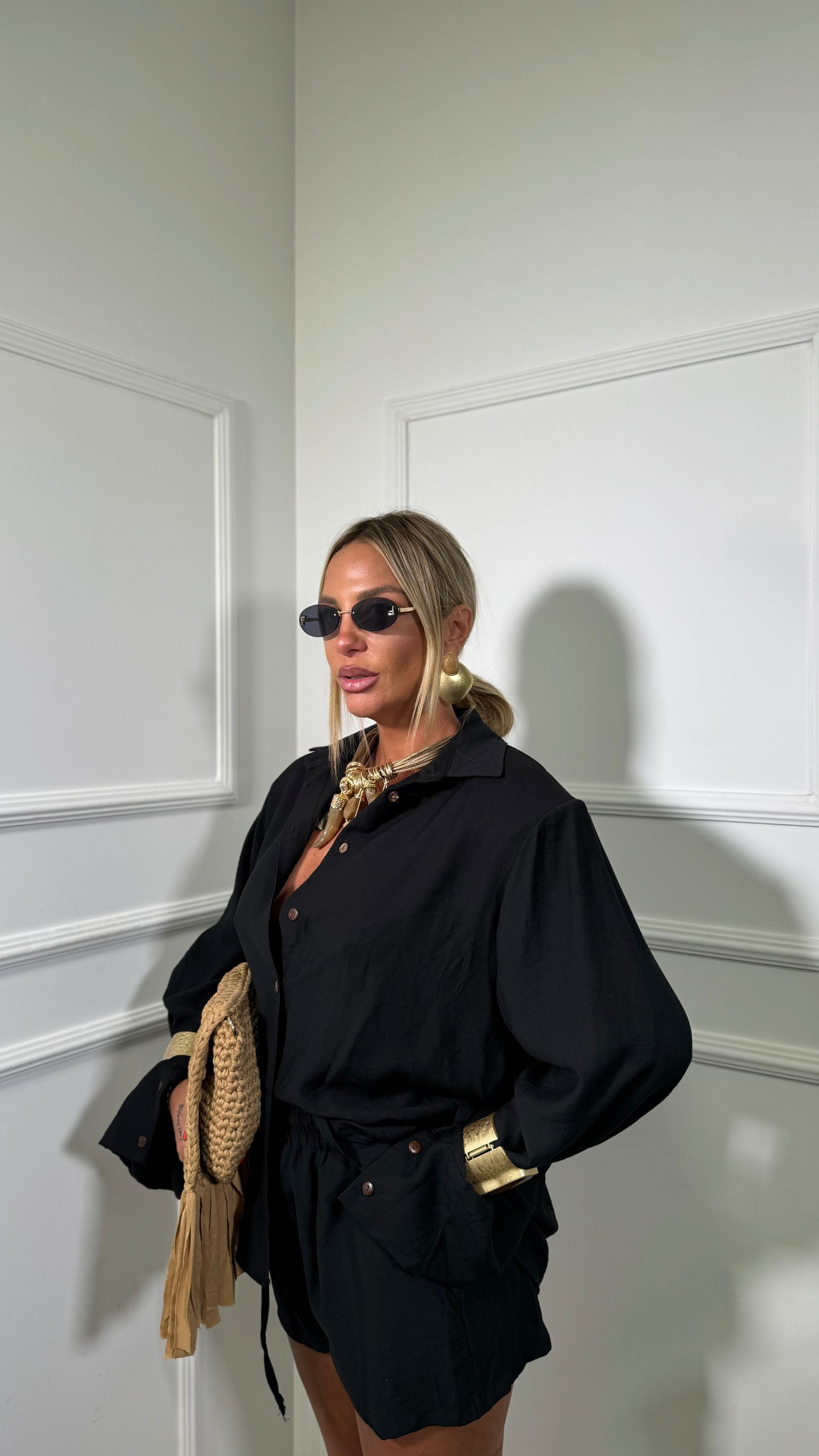 Coordinato misto lino con spalline Sirenuse nero 7105