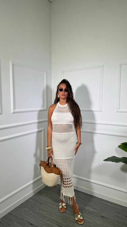 Abito midi in macramè con frange Kyra canapa 4352